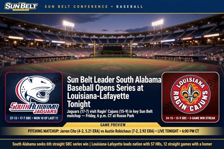 Illustration for the news story: Sun Belt Leader South Alabama Baseball Opens Series at Louisiana-Lafayette Tonight