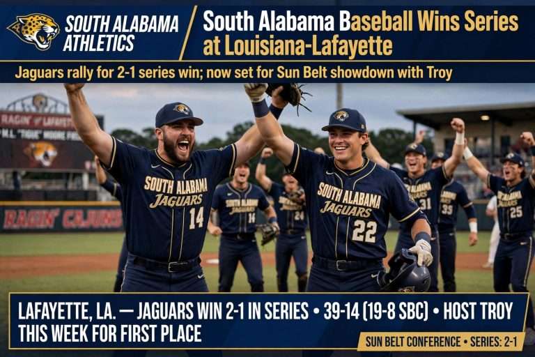 Illustration for the news story: South Alabama Baseball Wins Series at Louisiana-Lafayette, Sets Up Sun Belt Showdown With Troy