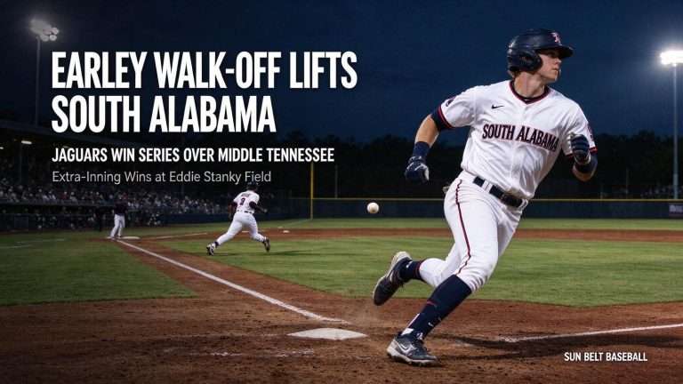 Illustration for the news story: Earley Walk-Off Helps No. 20 South Alabama Baseball Win Series Over Middle Tennessee