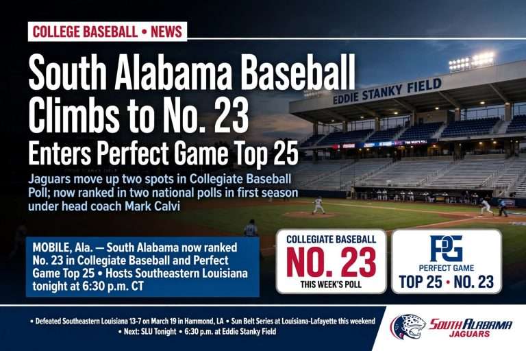 Illustration for the news story: South Alabama Baseball Climbs to No. 23 in Collegiate Baseball, Enters Perfect Game Top 25