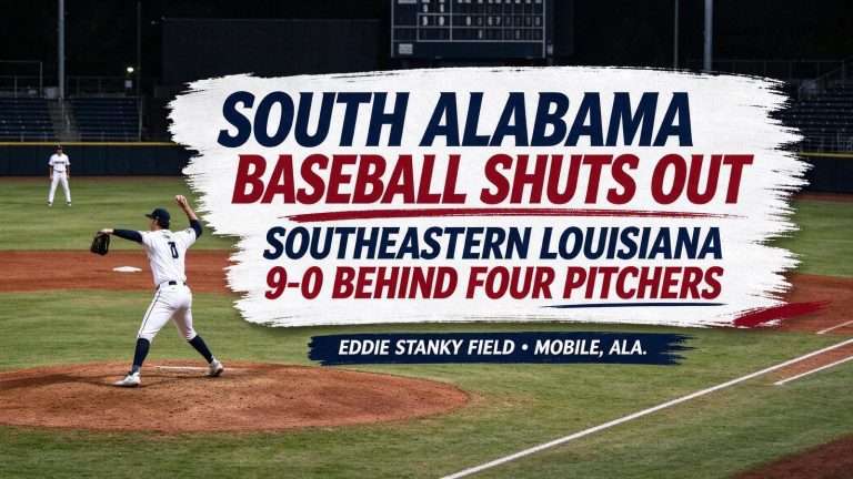 Illustration for the news story: South Alabama Baseball Shuts Out Southeastern Louisiana 9-0 Behind Four Pitchers