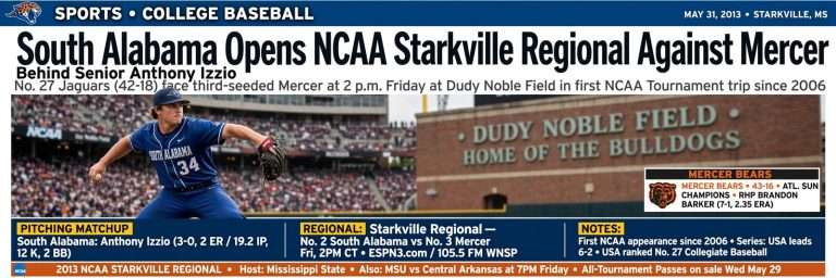 Illustration for the news story: South Alabama Opens NCAA Starkville Regional Against Mercer Behind Senior Anthony Izzio