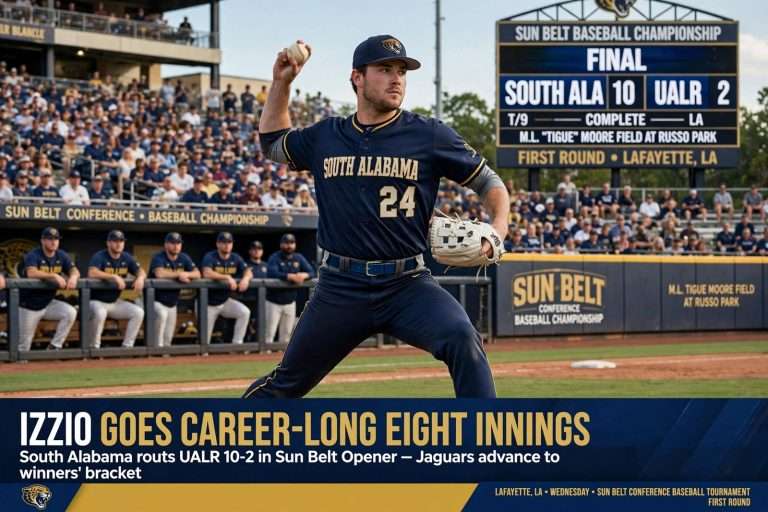 Illustration for the news story: Izzio Goes Career-Long Eight Innings as South Alabama Baseball Routs UALR 10-2 in Sun Belt Opener