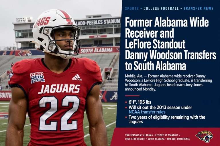 Illustration for the news story: Former Alabama Wide Receiver and LeFlore Standout Danny Woodson Transfers to South Alabama