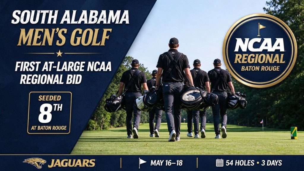 Illustration for the news story: South Alabama Men’s Golf Earns First At-Large NCAA Regional Bid, Seeded Eighth at Baton Rouge