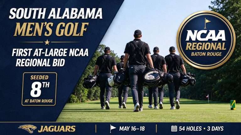 Illustration for the news story: South Alabama Men’s Golf Earns First At-Large NCAA Regional Bid, Seeded Eighth at Baton Rouge