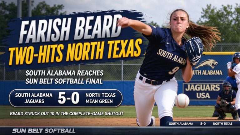 Illustration for the news story: Farish Beard Two-Hits North Texas as South Alabama Reaches Sun Belt Softball Final