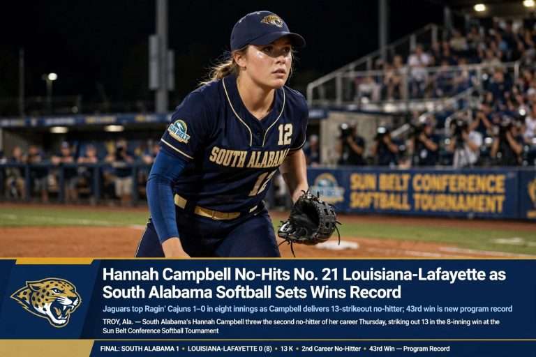 Illustration for the news story: Hannah Campbell No-Hits No. 21 Louisiana-Lafayette as South Alabama Softball Sets Wins Record