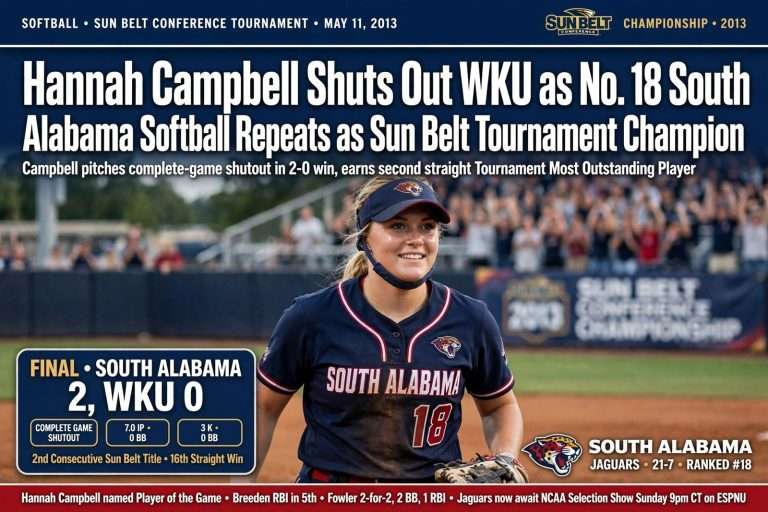 Illustration for the news story: Hannah Campbell Shuts Out WKU as No. 18 South Alabama Softball Repeats as Sun Belt Tournament Champion