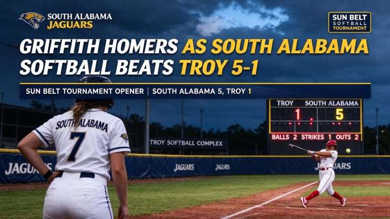 Illustration for the news story: Griffith Homers as South Alabama Softball Beats Troy 5-1 in Sun Belt Tournament Opener