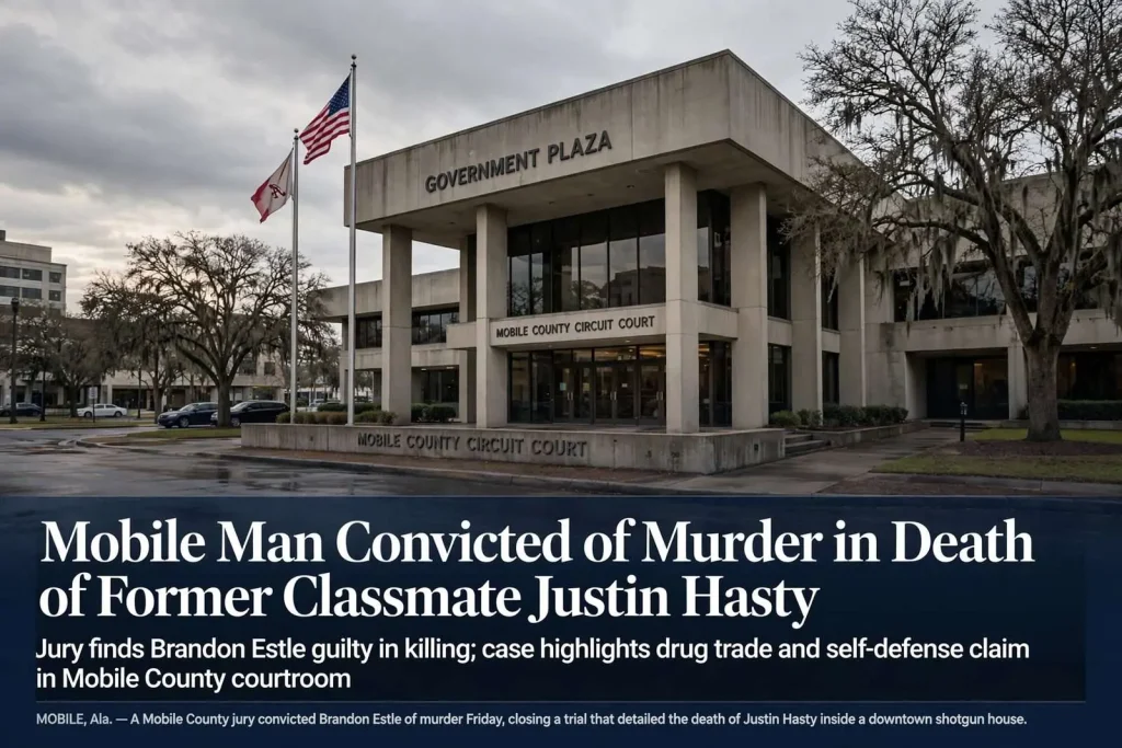 Illustration for the news story: Mobile Man Convicted of Murder in Death of Former Classmate Justin Hasty