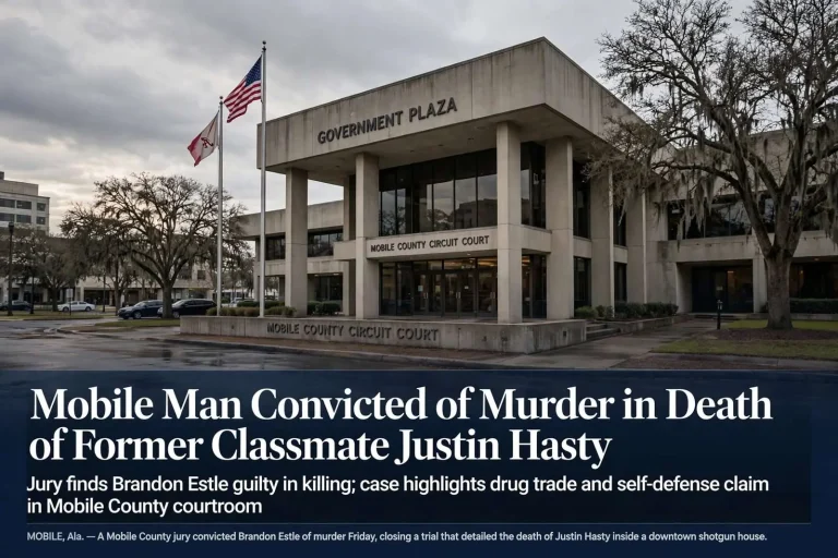 Illustration for the news story: Mobile Man Convicted of Murder in Death of Former Classmate Justin Hasty