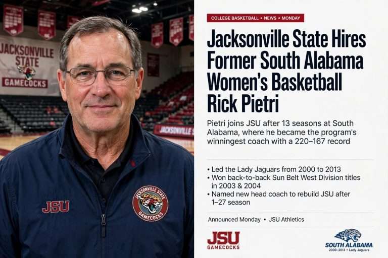 Illustration for the news story: Jacksonville State Hires Former South Alabama Women’s Basketball Coach Rick Pietri