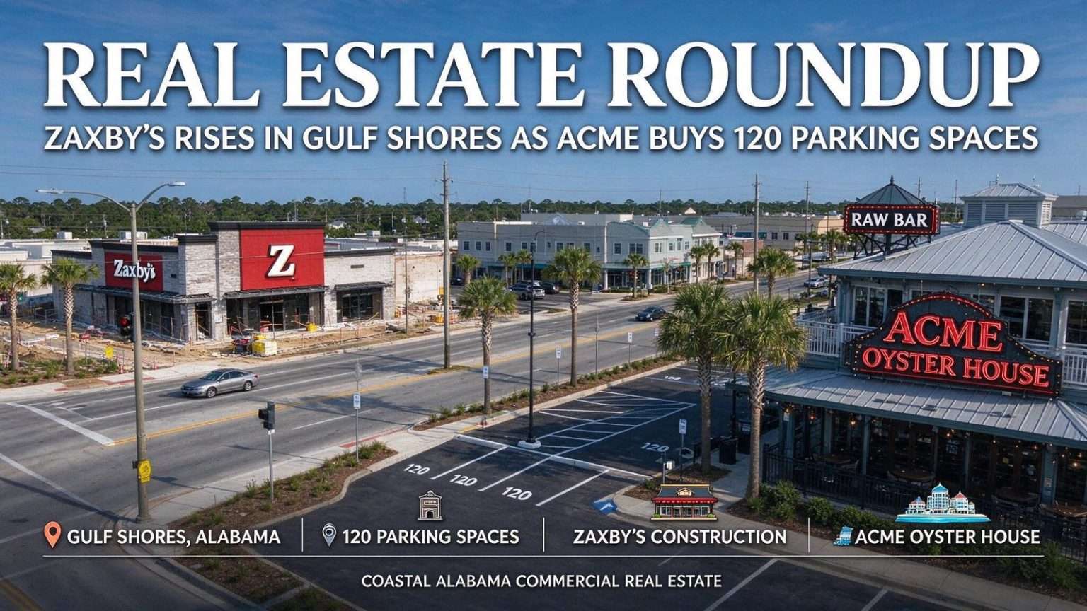 Illustration for the news story: Real Estate Roundup: Zaxby’s Rises in Gulf Shores as Acme Buys 120 Parking Spaces