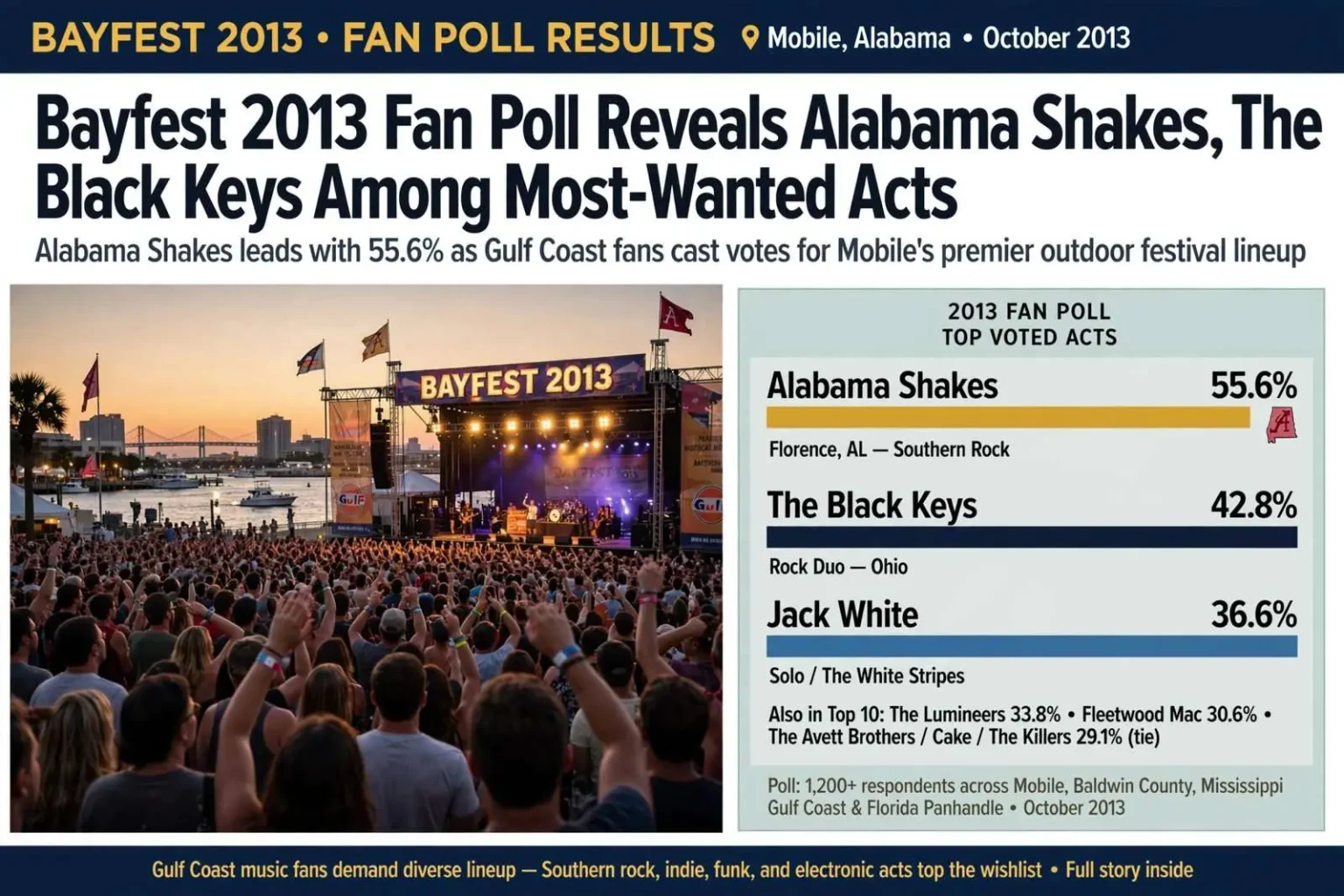 Illustration for the news story: Bayfest 2013 Fan Poll Reveals Alabama Shakes, The Black Keys Among Most-Wanted Acts