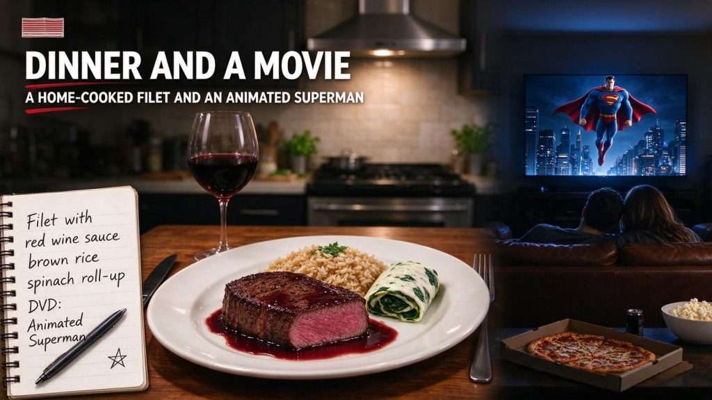 Illustration for the news story: Dinner and a Movie: A Home-Cooked Filet and an Animated Superman