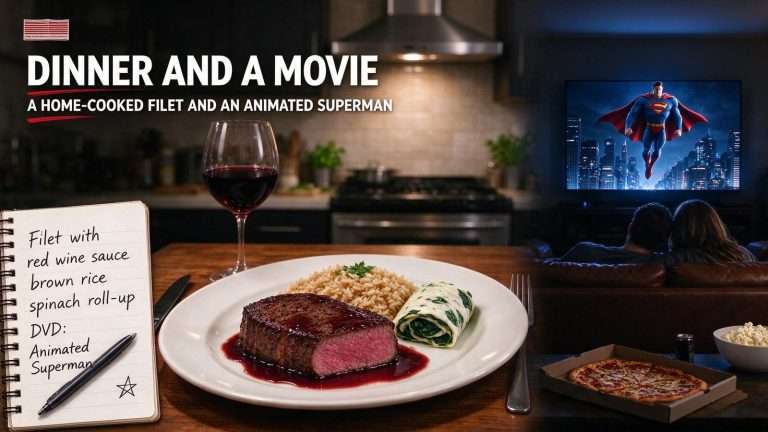 Illustration for the news story: Dinner and a Movie: A Home-Cooked Filet and an Animated Superman