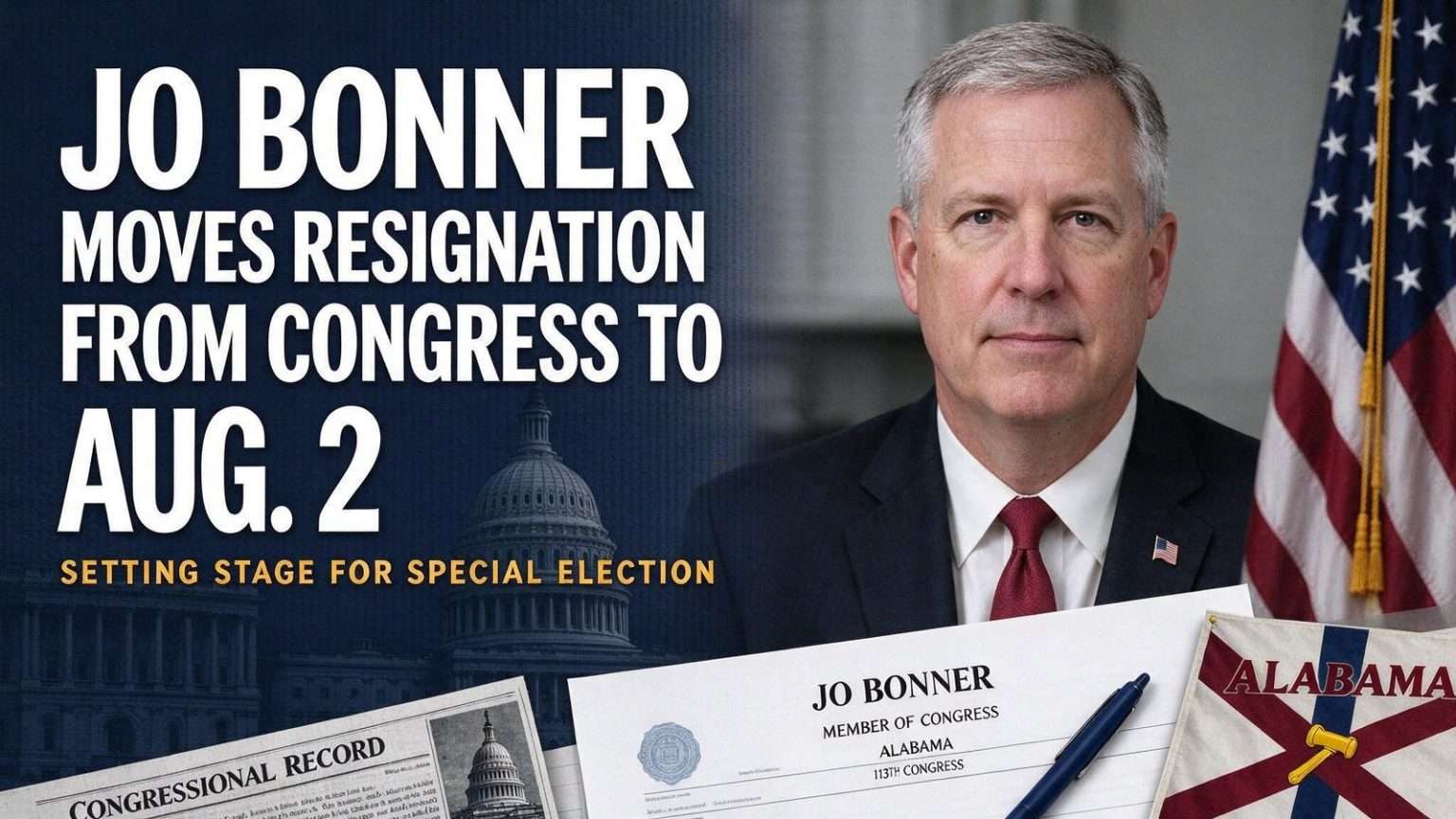 Illustration for the news story: Jo Bonner Moves Resignation From Congress to Aug. 2, Setting Stage for Special Election