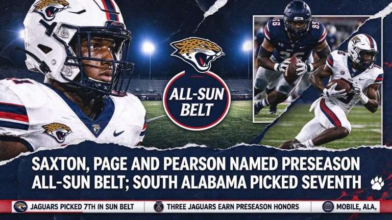 Illustration for the news story: Saxton, Page and Pearson Named Preseason All-Sun Belt; South Alabama Picked Seventh
