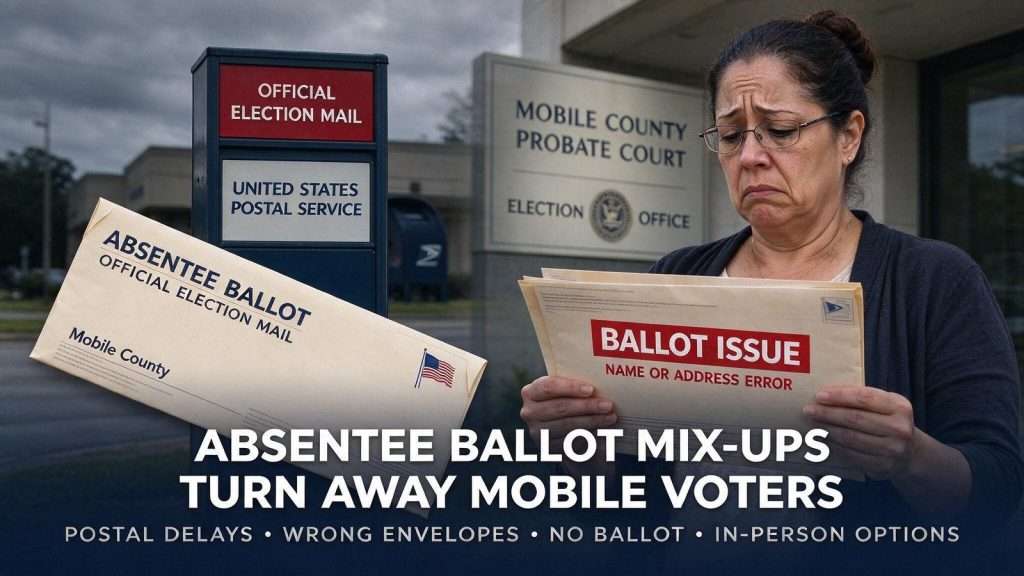 Illustration for the news story: Absentee Ballot Mix-Ups Turn Away Mobile Voters as Postal Fraud Probe Looms Over Election Day
