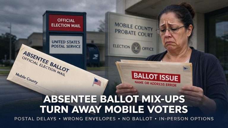 Illustration for the news story: Absentee Ballot Mix-Ups Turn Away Mobile Voters as Postal Fraud Probe Looms Over Election Day