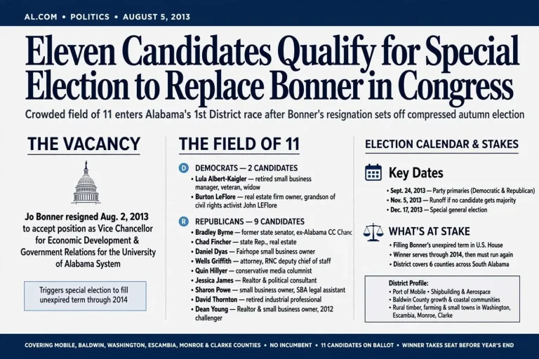 Illustration for the news story: Eleven Candidates Qualify for Special Election to Replace Bonner in Congress