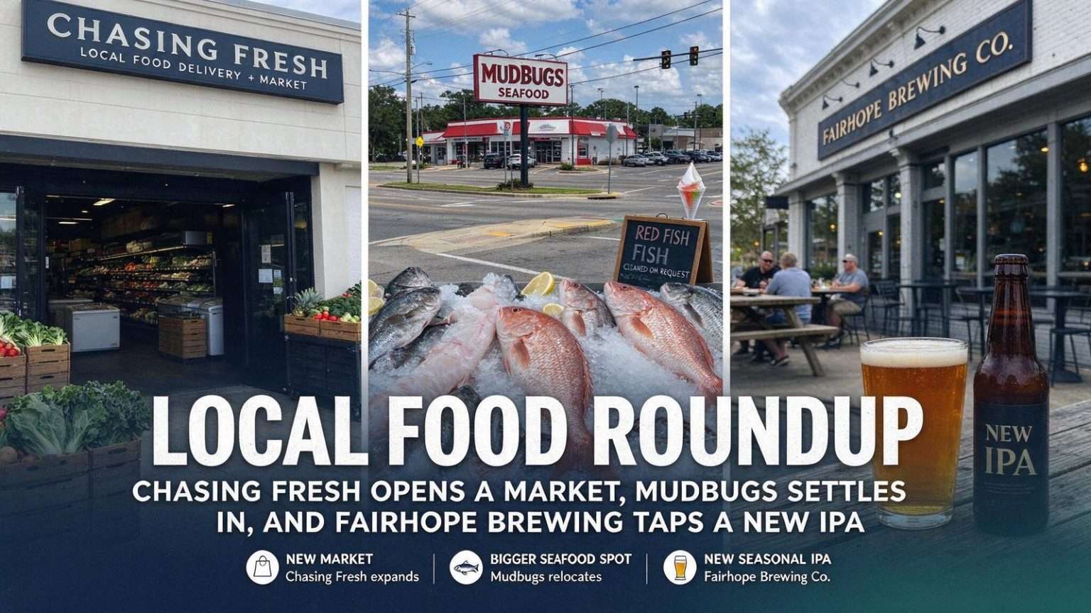 Illustration for the news story: Local Food Roundup: Chasing Fresh Opens a Market, Mudbugs Settles In, and Fairhope Brewing Taps a New IPA