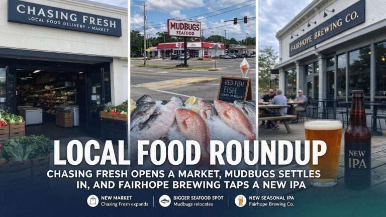 Illustration for the news story: Local Food Roundup: Chasing Fresh Opens a Market, Mudbugs Settles In, and Fairhope Brewing Taps a New IPA