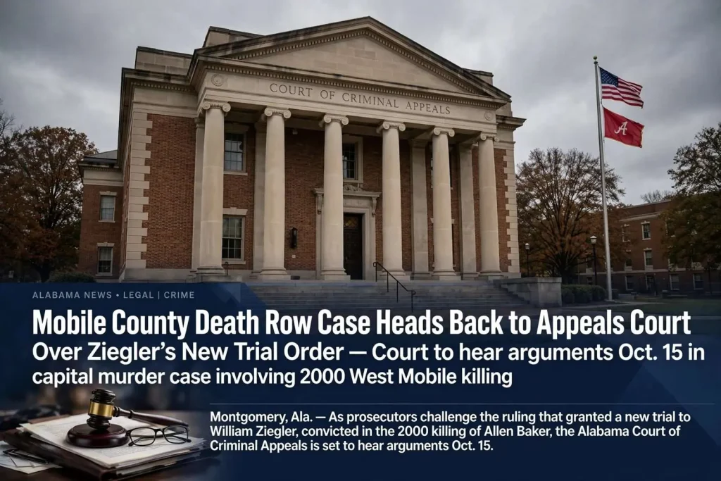 Illustration for the news story: Mobile County Death Row Case Heads Back to Appeals Court Over Ziegler’s New Trial Order