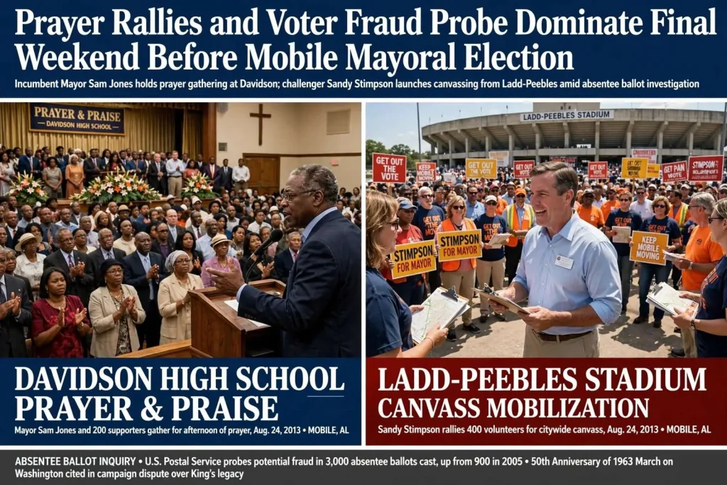 Illustration for the news story: Prayer Rallies and Voter Fraud Probe Dominate Final Weekend Before Mobile Mayoral Election