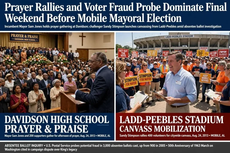 Illustration for the news story: Prayer Rallies and Voter Fraud Probe Dominate Final Weekend Before Mobile Mayoral Election