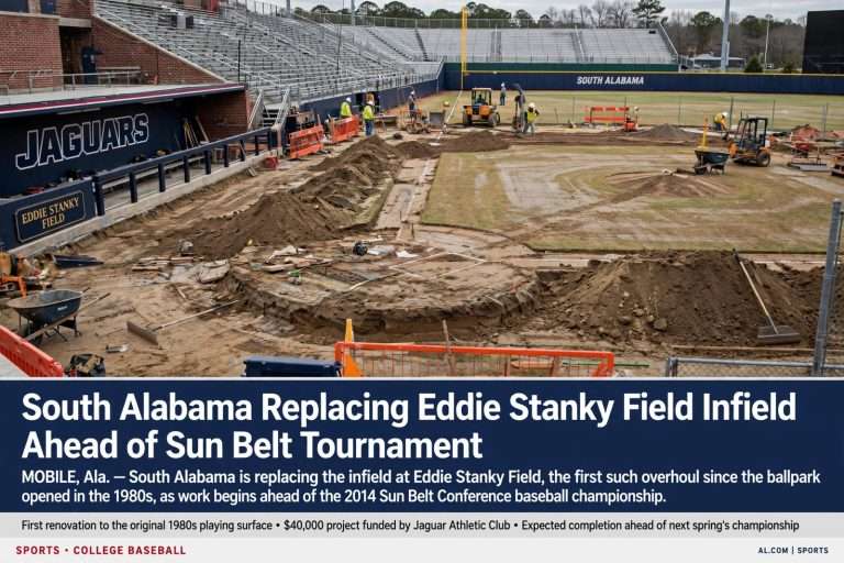 Illustration for the news story: South Alabama Replacing Eddie Stanky Field Infield Ahead of Sun Belt Tournament