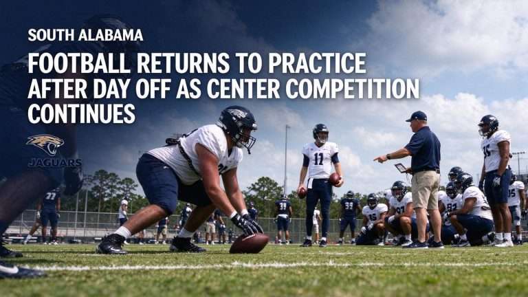 Illustration for the news story: South Alabama Football Returns to Practice After Day Off as Center Competition Continues
