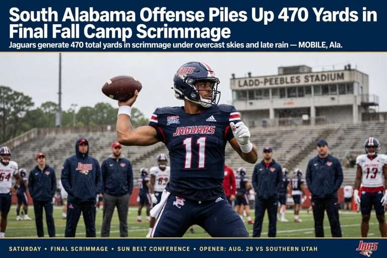 Illustration for the news story: South Alabama Offense Piles Up 470 Yards in Final Fall Camp Scrimmage