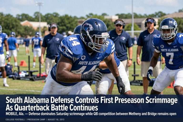 Illustration for the news story: South Alabama Defense Controls First Preseason Scrimmage As Quarterback Battle Continues