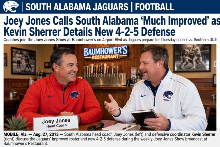 Illustration for the news story: Joey Jones Calls South Alabama ‘Much Improved’ as Kevin Sherrer Details New 4-2-5 Defense