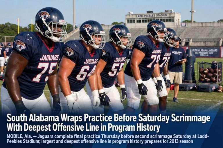 Illustration for the news story: South Alabama Wraps Practice Before Saturday Scrimmage With Deepest Offensive Line in Program History