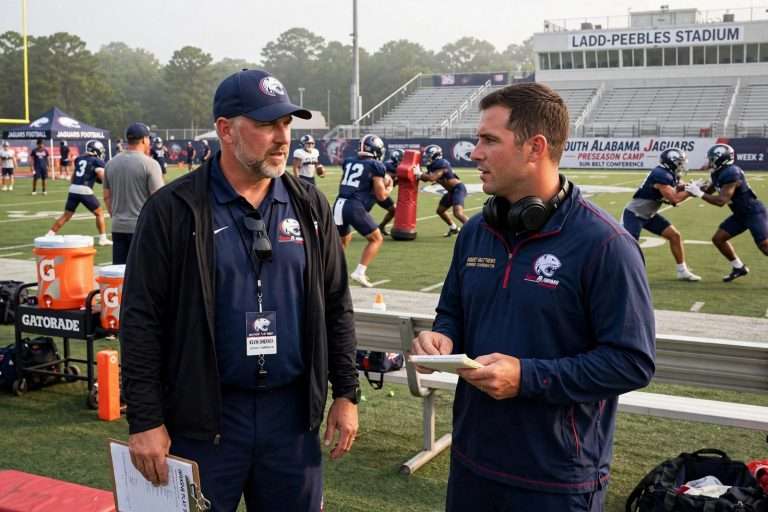 Illustration for the news story: South Alabama Opens Second Week of Preseason Camp as Coordinators Cite Progress Before First Scrimmage
