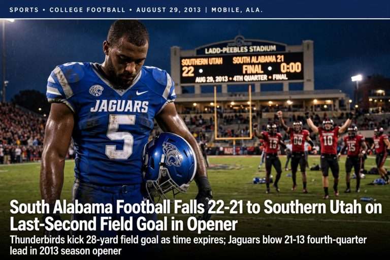 Illustration for the news story: South Alabama Football Falls 22-21 to Southern Utah on Last-Second Field Goal in Opener