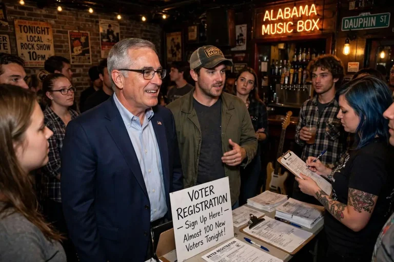 Illustration for the news story: Stimpson Takes Mayoral Campaign to Alabama Music Box as Voter Drive Signs Up Nearly 100