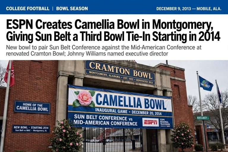 Illustration for the news story: ESPN Creates Camellia Bowl in Montgomery, Giving Sun Belt a Third Bowl Tie-In Starting in 2014