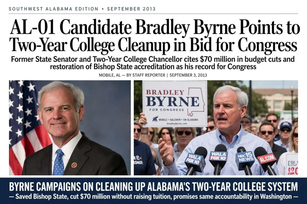 Illustration for the news story: AL-01 Candidate Bradley Byrne Points to Two-Year College Cleanup in Bid for Congress
