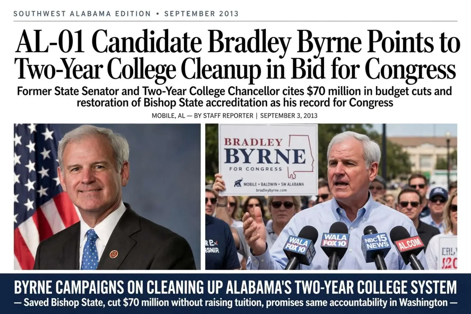 Illustration for the news story: AL-01 Candidate Bradley Byrne Points to Two-Year College Cleanup in Bid for Congress