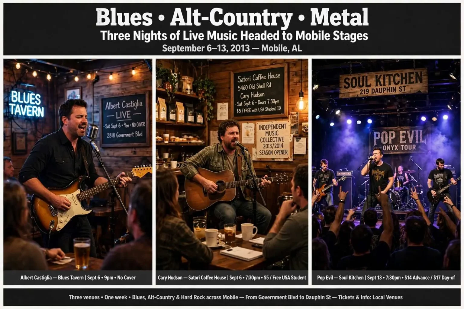 Illustration for the news story: Blues, Alt-Country and Metal: Three Nights of Live Music Headed to Mobile Stages
