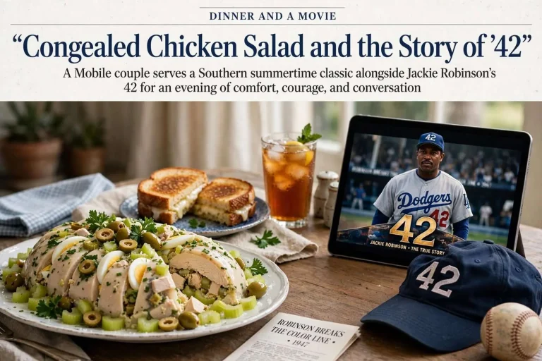 Illustration for the news story: Dinner and a Movie: Congealed Chicken Salad and the Story of ’42’
