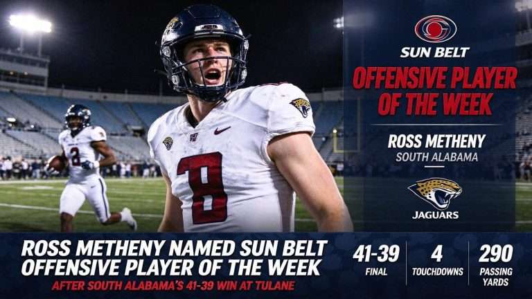 Illustration for the news story: Ross Metheny Named Sun Belt Offensive Player of the Week After South Alabama’s 41-39 Win at Tulane