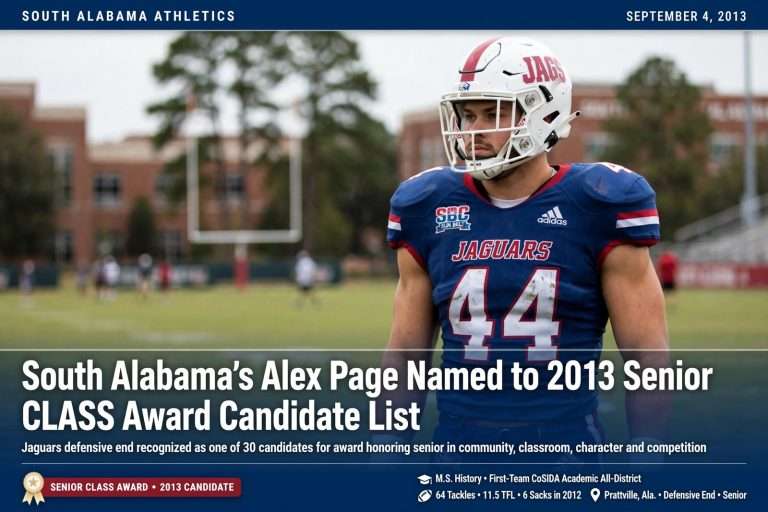 Illustration for the news story: South Alabama’s Alex Page Named to 2013 Senior CLASS Award Candidate List
