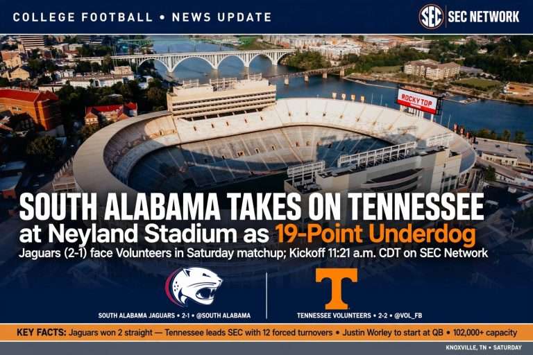 Illustration for the news story: South Alabama Takes On Tennessee at Neyland Stadium as 19-Point Underdog