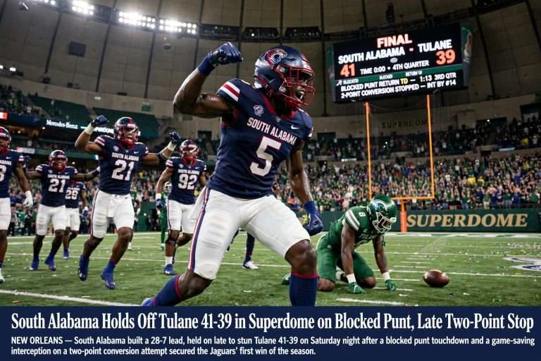 Illustration for the news story: South Alabama Holds Off Tulane 41-39 in Superdome on Blocked Punt, Late Two-Point Stop