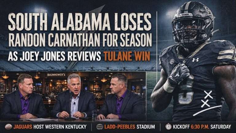 Illustration for the news story: South Alabama Loses Randon Carnathan for Season as Joey Jones Reviews Tulane Win